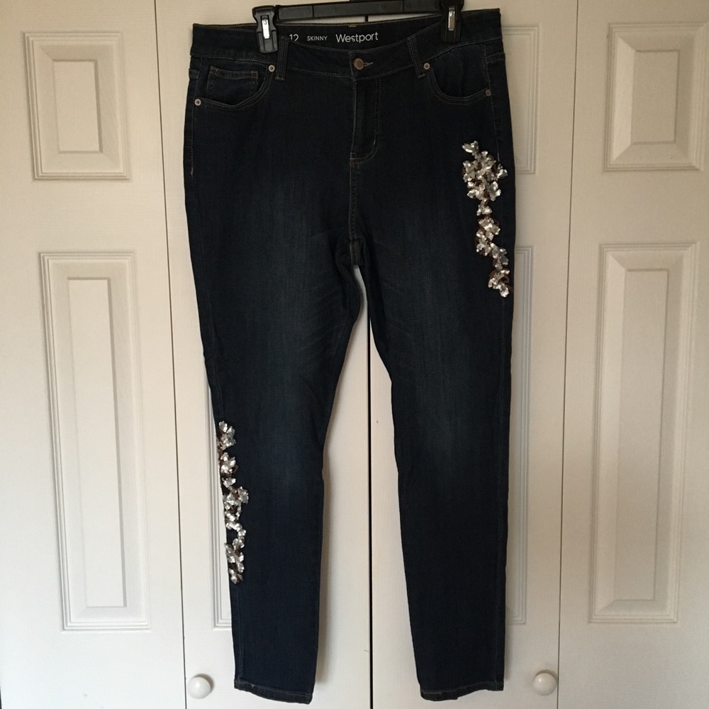 Dress Barn Dark Blue Skinny Jeans with Silver Embellishments